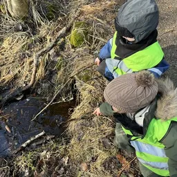 Barn vid bäck, vattendrag på Ekorrbarnens förskola i Åryd, Växjö
